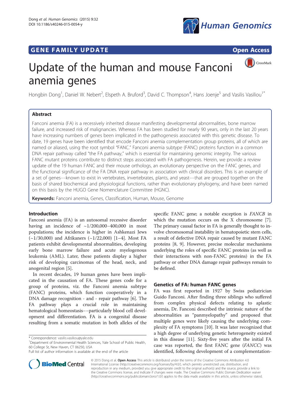 Update of the Human and Mouse Fanconi Anemia Genes Hongbin Dong1, Daniel W