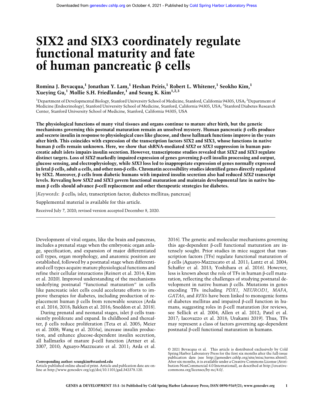 SIX2 and SIX3 Coordinately Regulate Functional Maturity and Fate of Human Pancreatic Β Cells