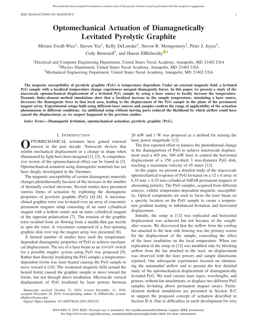 Optomechanical Actuation of Diamagnetically Levitated Pyrolytic Graphite Miriam Ewall-Wice1,Stevenyee1, Kelly Delawder1, Steven R