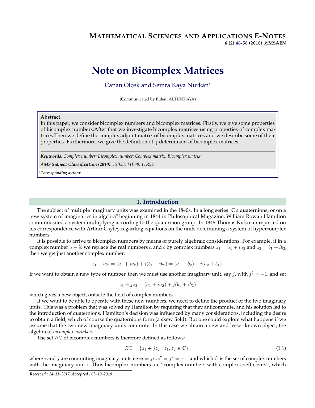 Note on Bicomplex Matrices