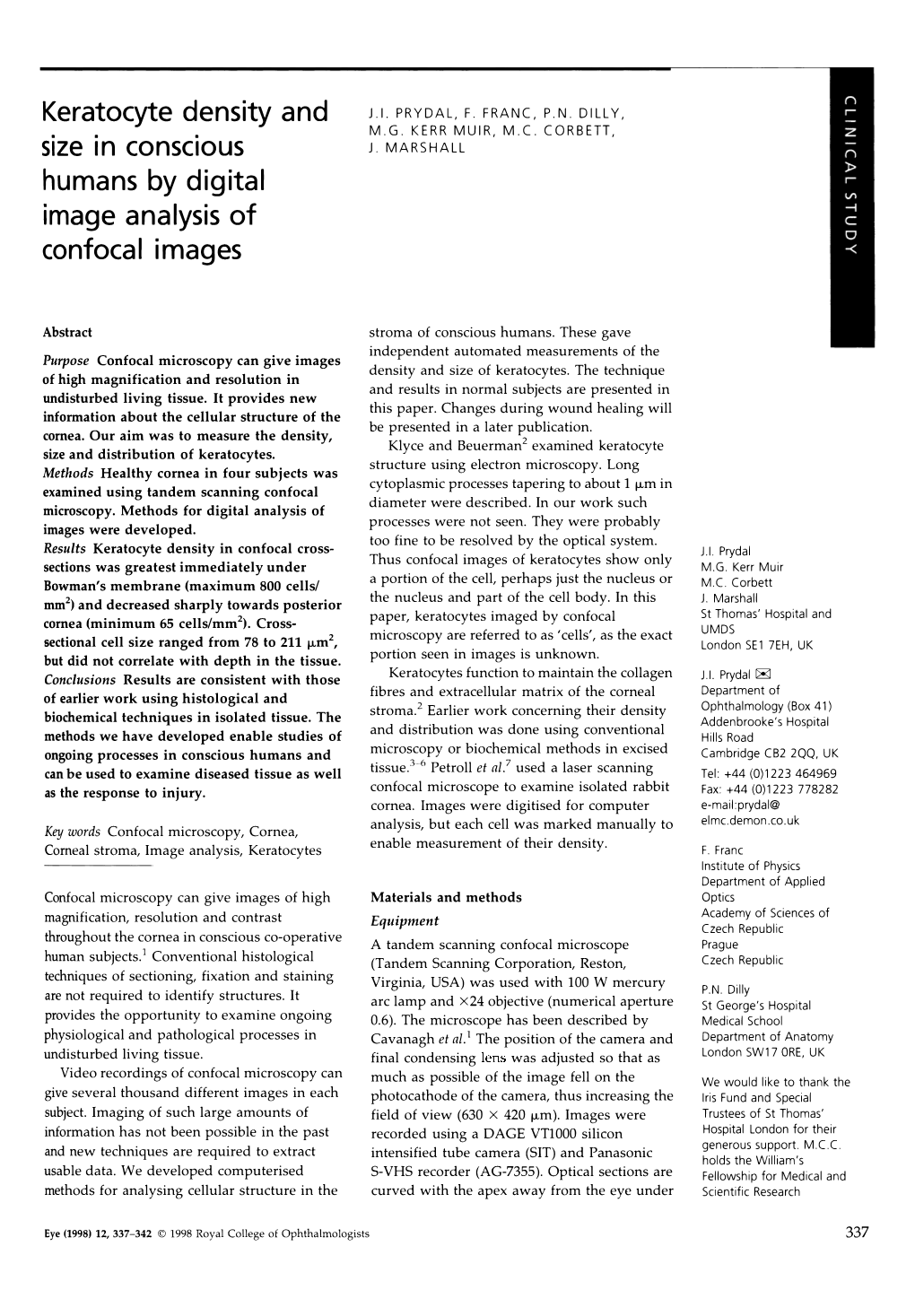 Keratocyte Density and Size in Conscious Humans by Digital Image