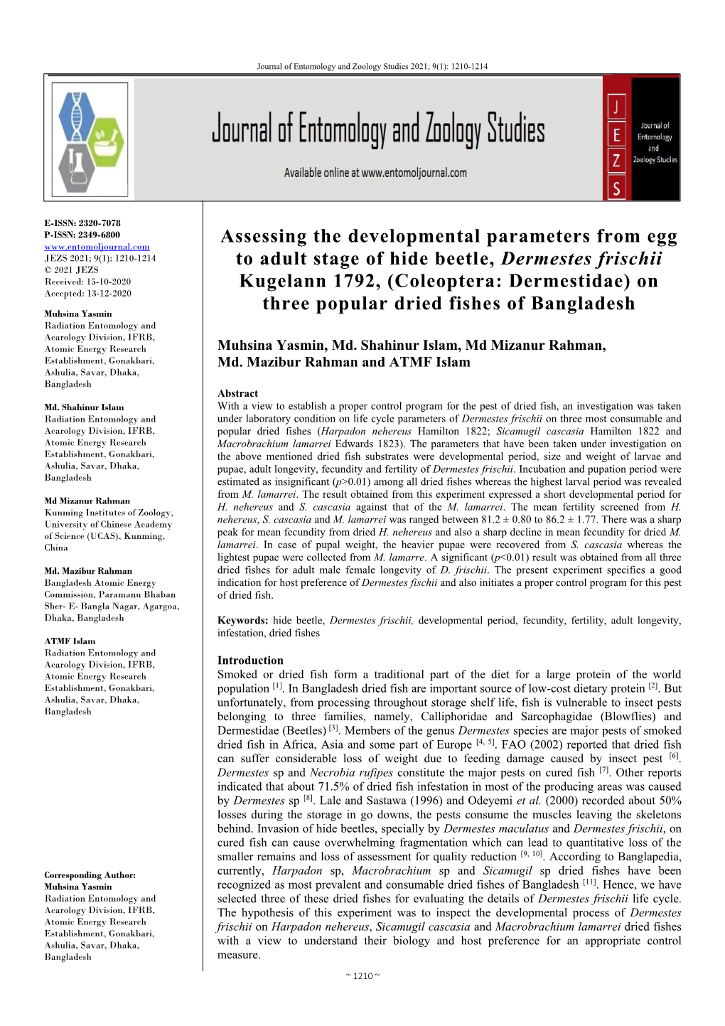 Assessing the Developmental Parameters from Egg to Adult Stage