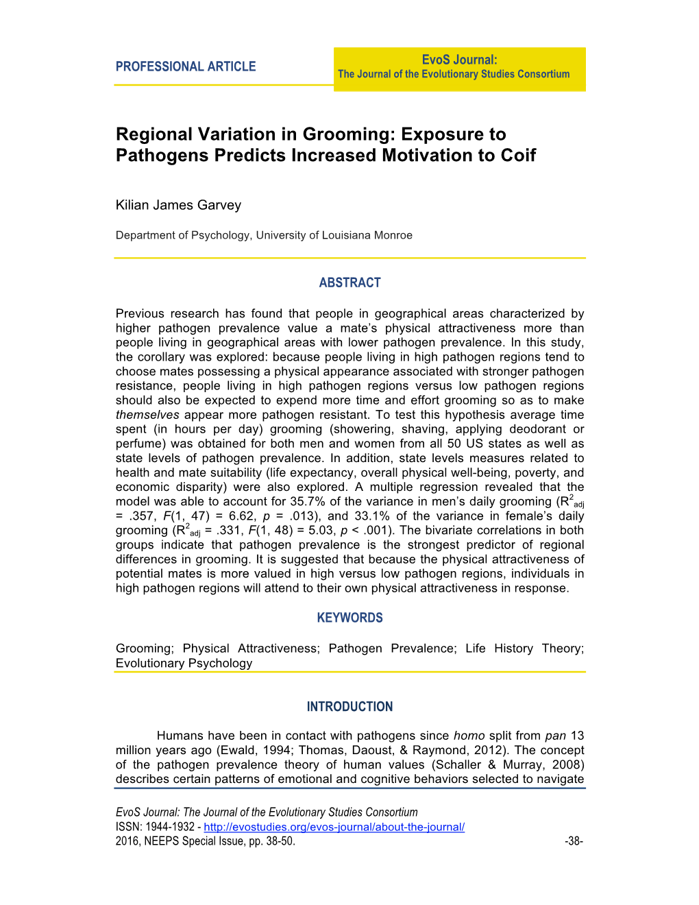 Regional Variation in Grooming: Exposure to Pathogens Predicts Increased Motivation to Coif