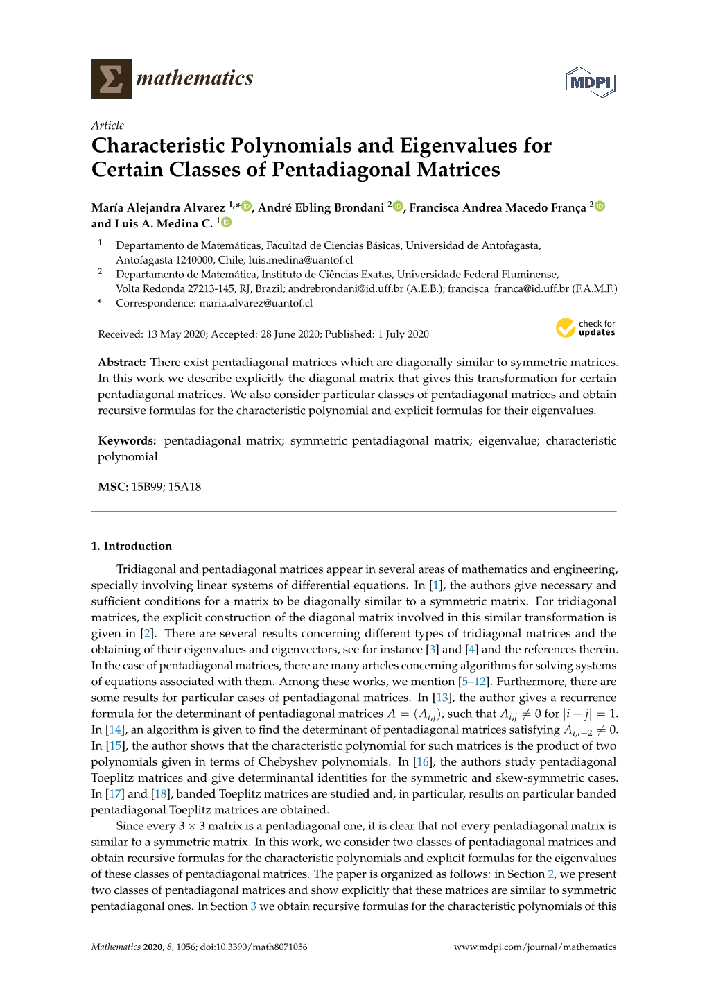 Characteristic Polynomials and Eigenvalues for Certain Classes of Pentadiagonal Matrices
