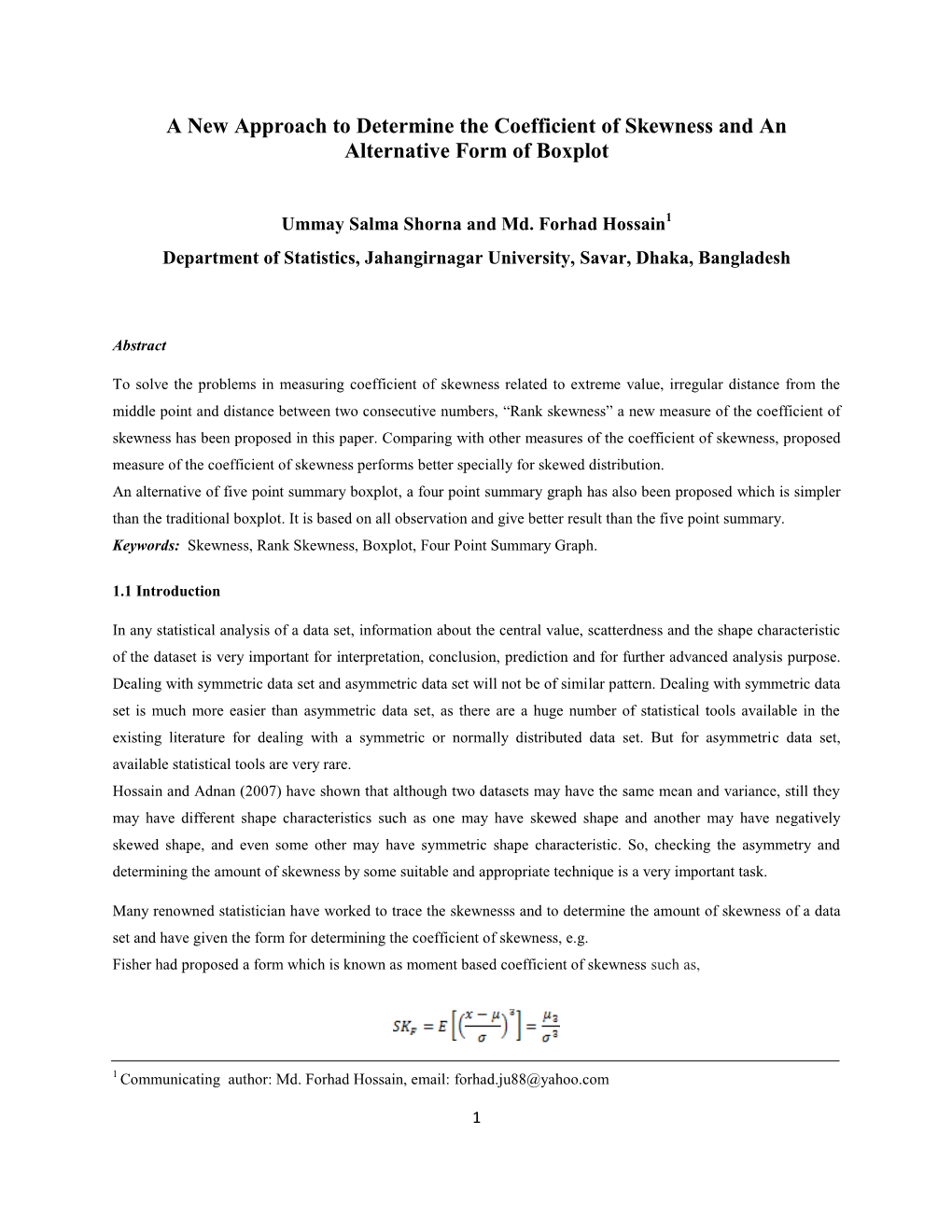 A New Approach to Determine the Coefficient of Skewness and an Alternative Form of Boxplot