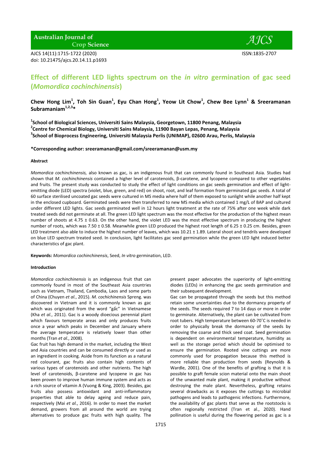 Effect of Different LED Lights Spectrum on the in Vitro Germination of Gac Seed (Momordica Cochinchinensis)