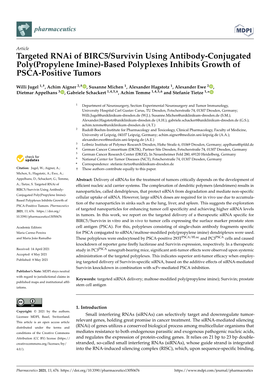 Targeted Rnai of BIRC5/Survivin Using Antibody-Conjugated Poly(Propylene Imine)-Based Polyplexes Inhibits Growth of PSCA-Positive Tumors