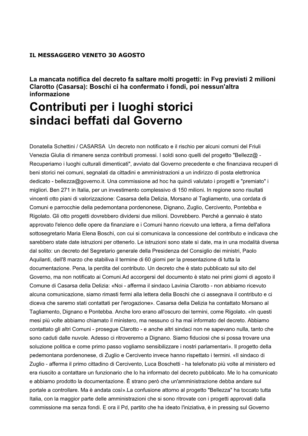 Estratti Dalla Stampa Locale 30 Agosto