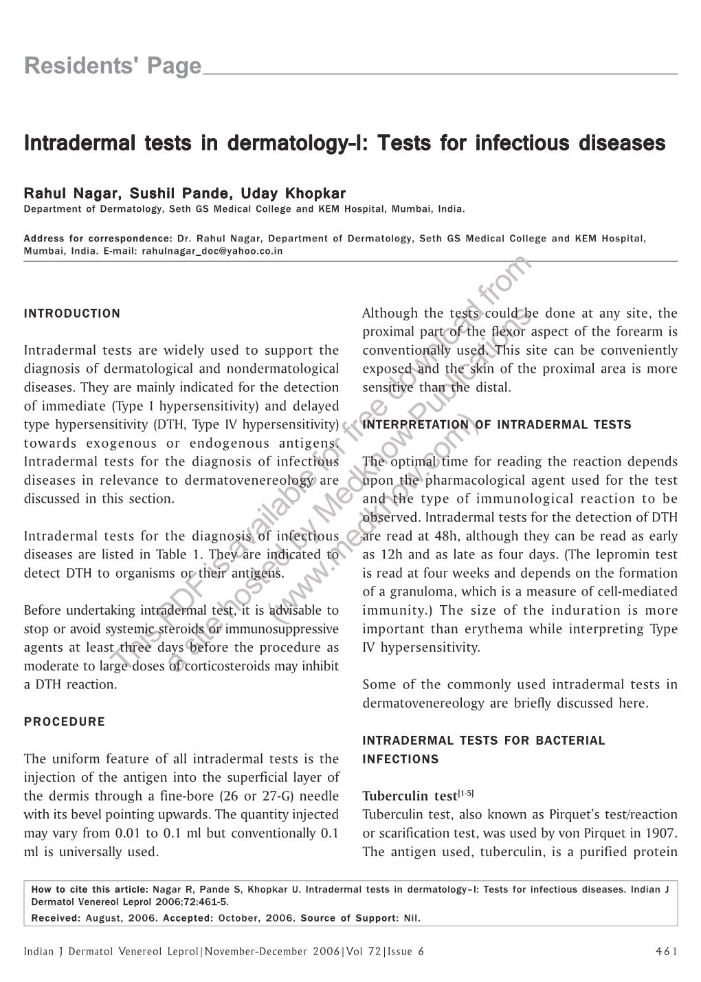 Intradermal Tests in Dermatology–I: Tests for Infectious Diseases