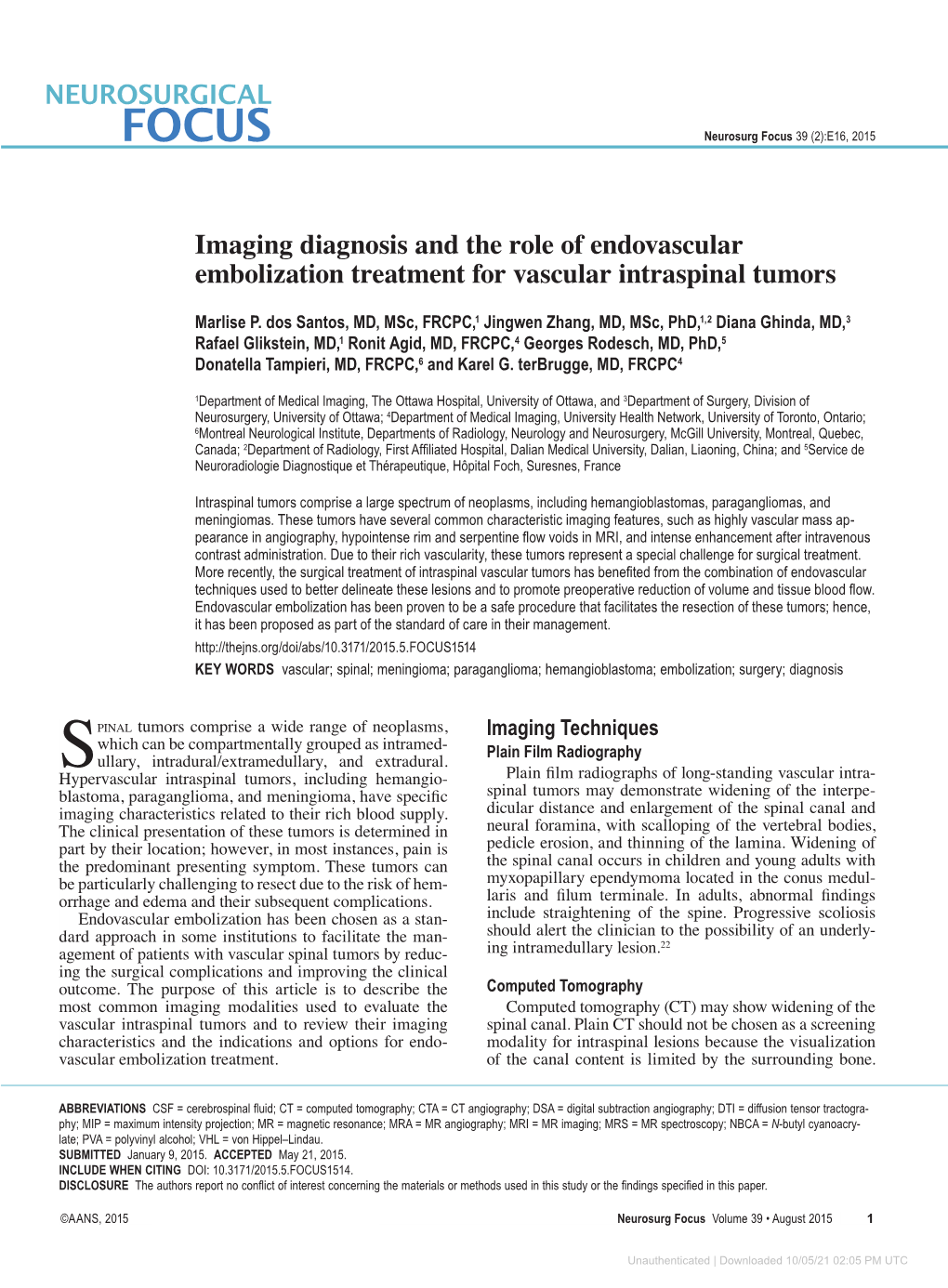 Imaging Diagnosis and the Role of Endovascular Embolization Treatment for Vascular Intraspinal Tumors