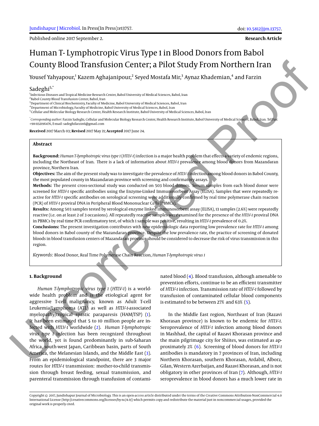 Lymphotropic Virus Type 1 in Blood Donors from Babol