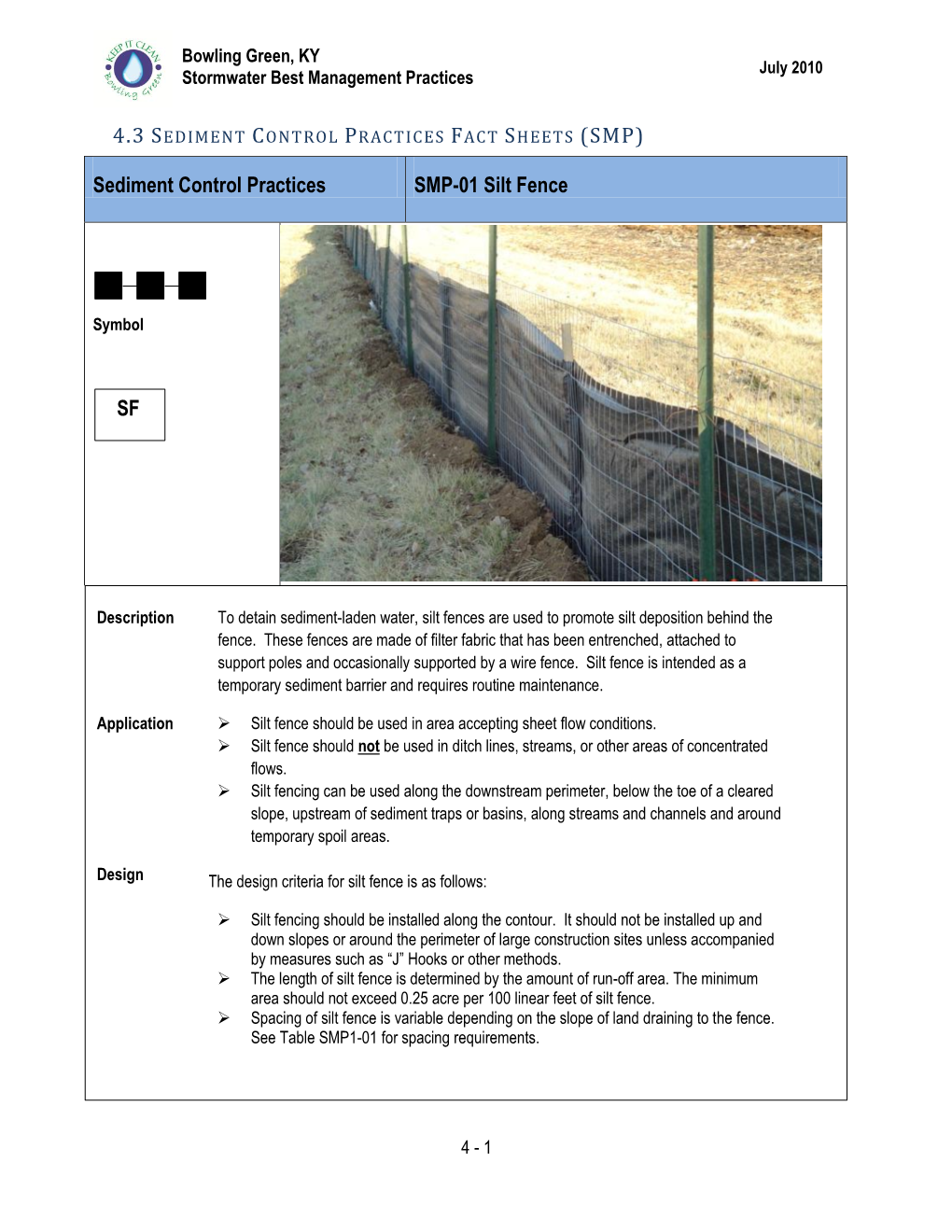 Sediment Control Practices SMP-01 Silt Fence SF