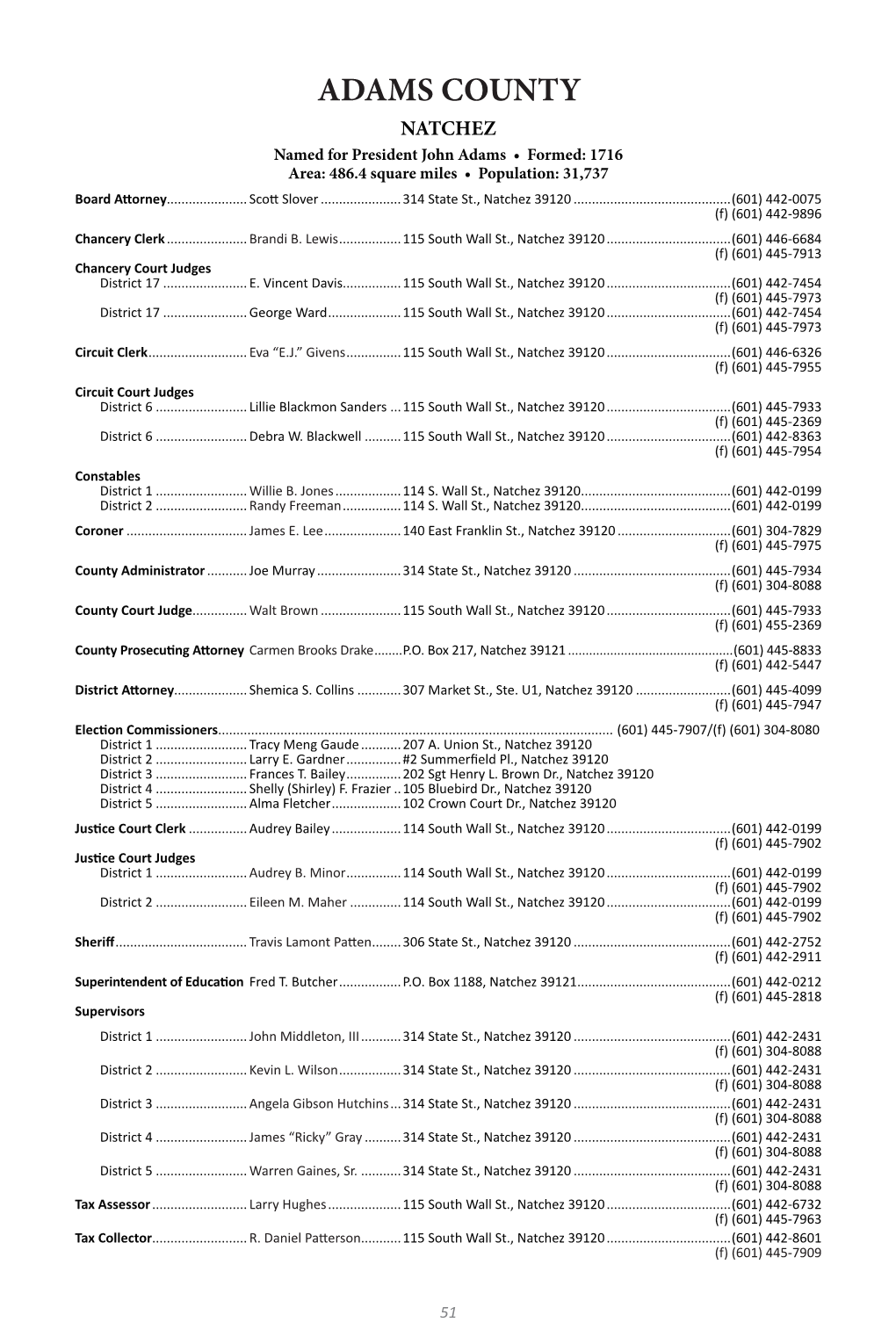 ADAMS COUNTY NATCHEZ Named for President John Adams • Formed: 1716 Area: 486.4 Square Miles • Population: 31,737 Board Attorney