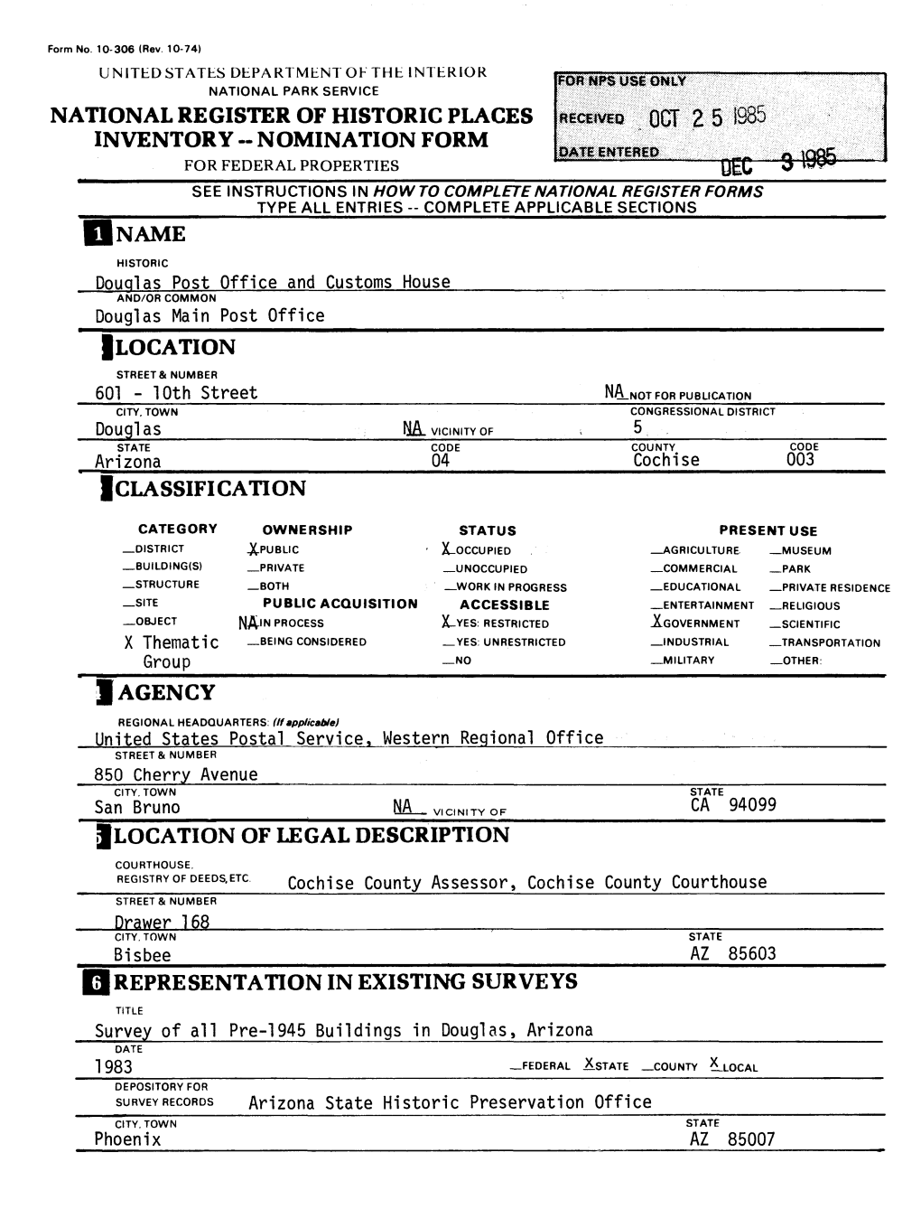 Nomination Form for Federal Properties See Instructions in How to Complete National Register Forms ______Type All Entries -- Complete Applicable Sections______[Name