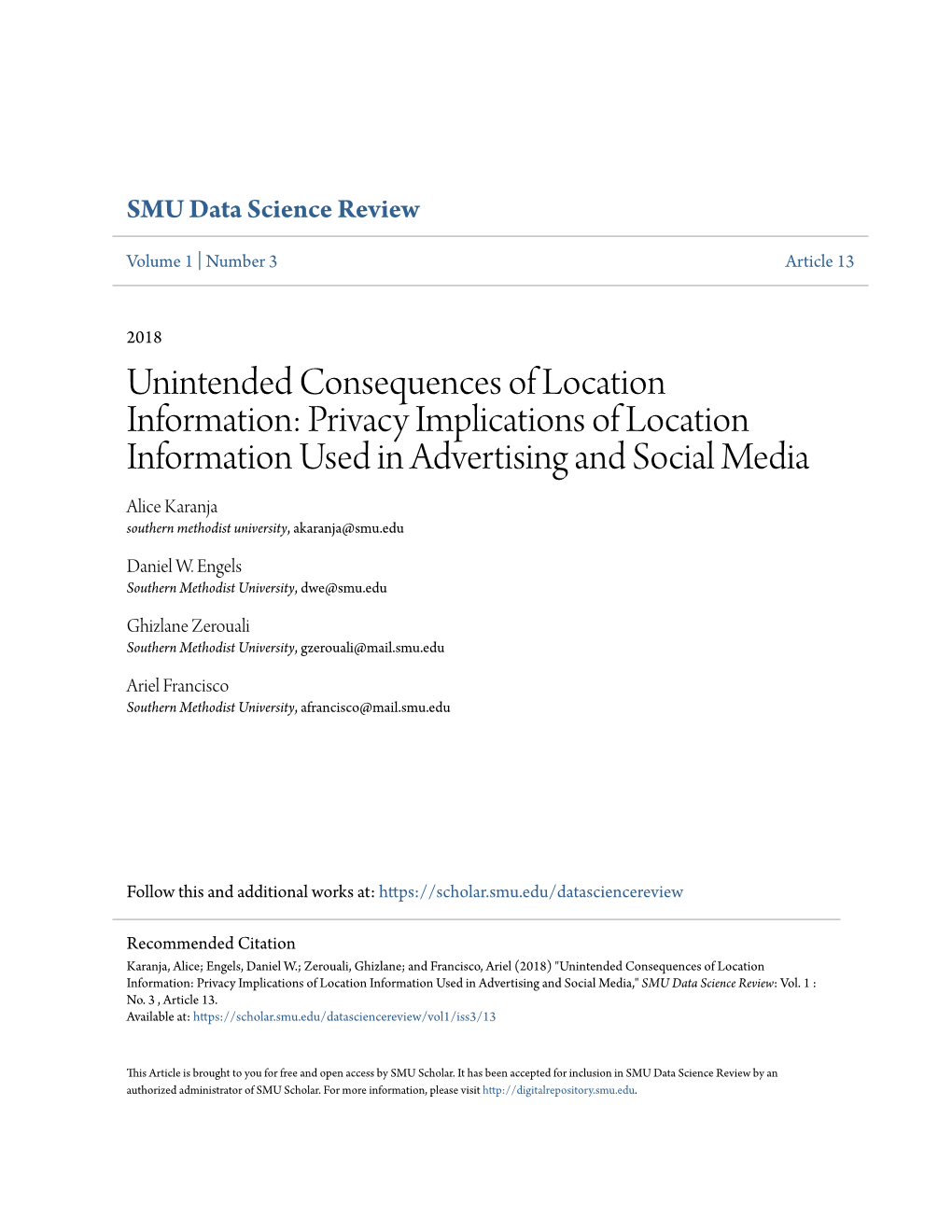 Privacy Implications of Location Information Used in Advertising and Social Media Alice Karanja Southern Methodist University, Akaranja@Smu.Edu