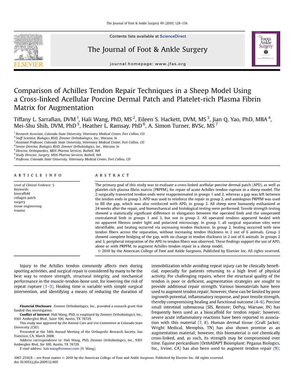 Comparison of Achilles Tendon Repair Techniques in a Sheep Model Using