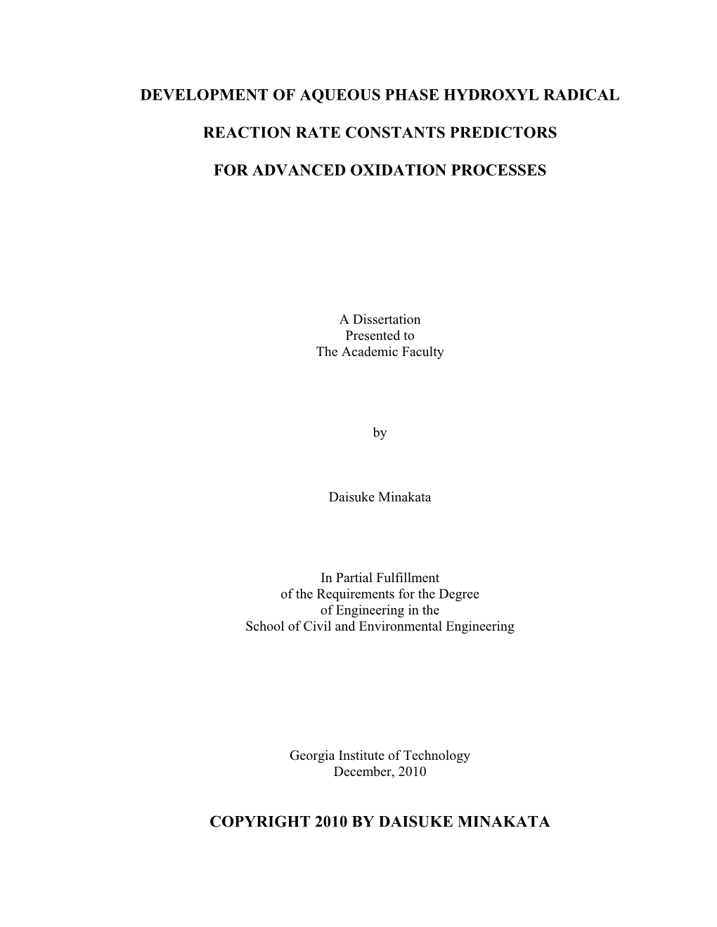 Development of Aqueous Phase Hydroxyl Radical Reaction Rate