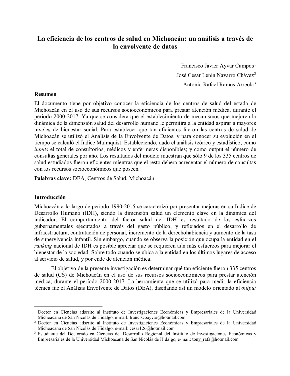 La Eficiencia De Los Centros De Salud En Michoacán: Un Análisis a Través De La Envolvente De Datos