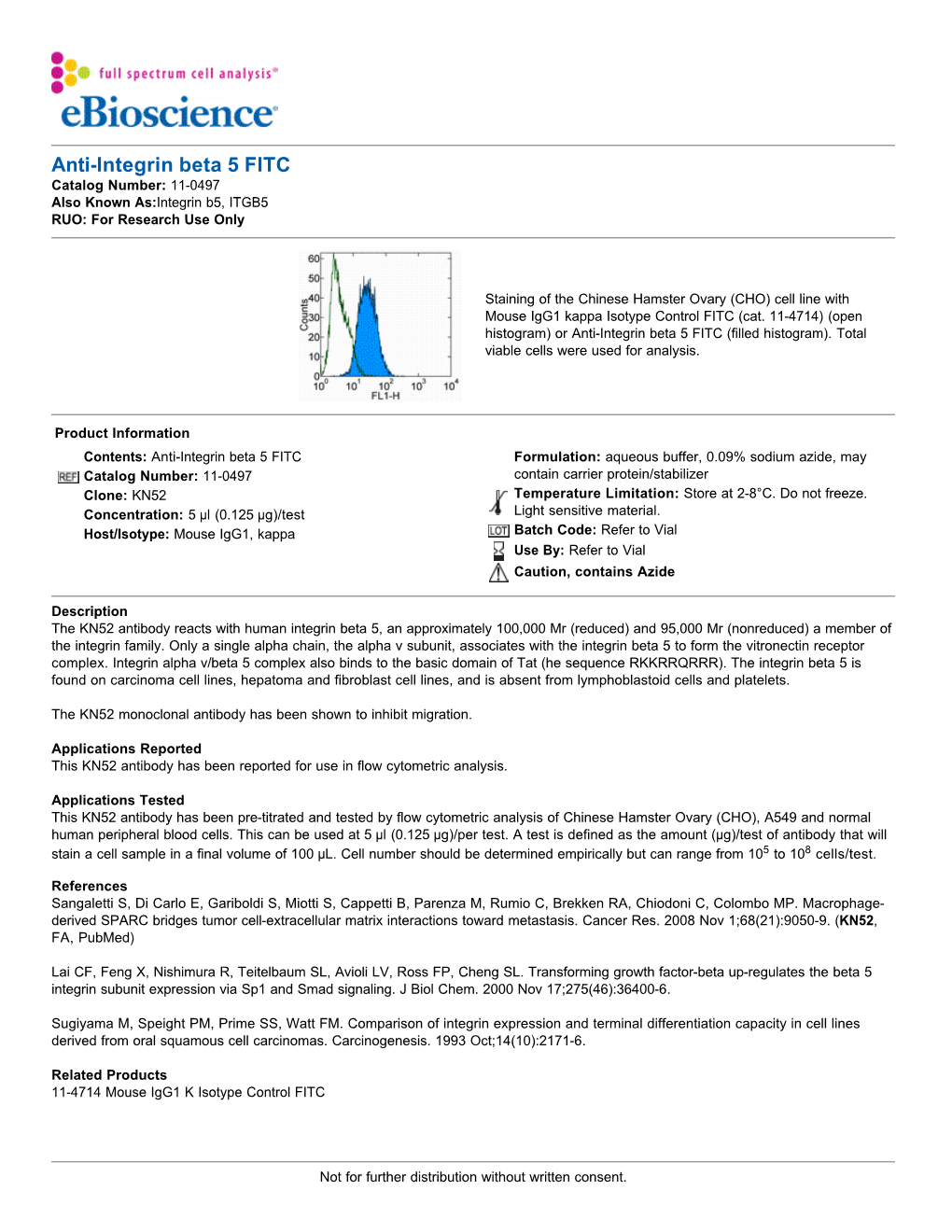 Anti-Integrin Beta 5 FITC Catalog Number: 11-0497 Also Known As:Integrin B5, ITGB5 RUO: for Research Use Only