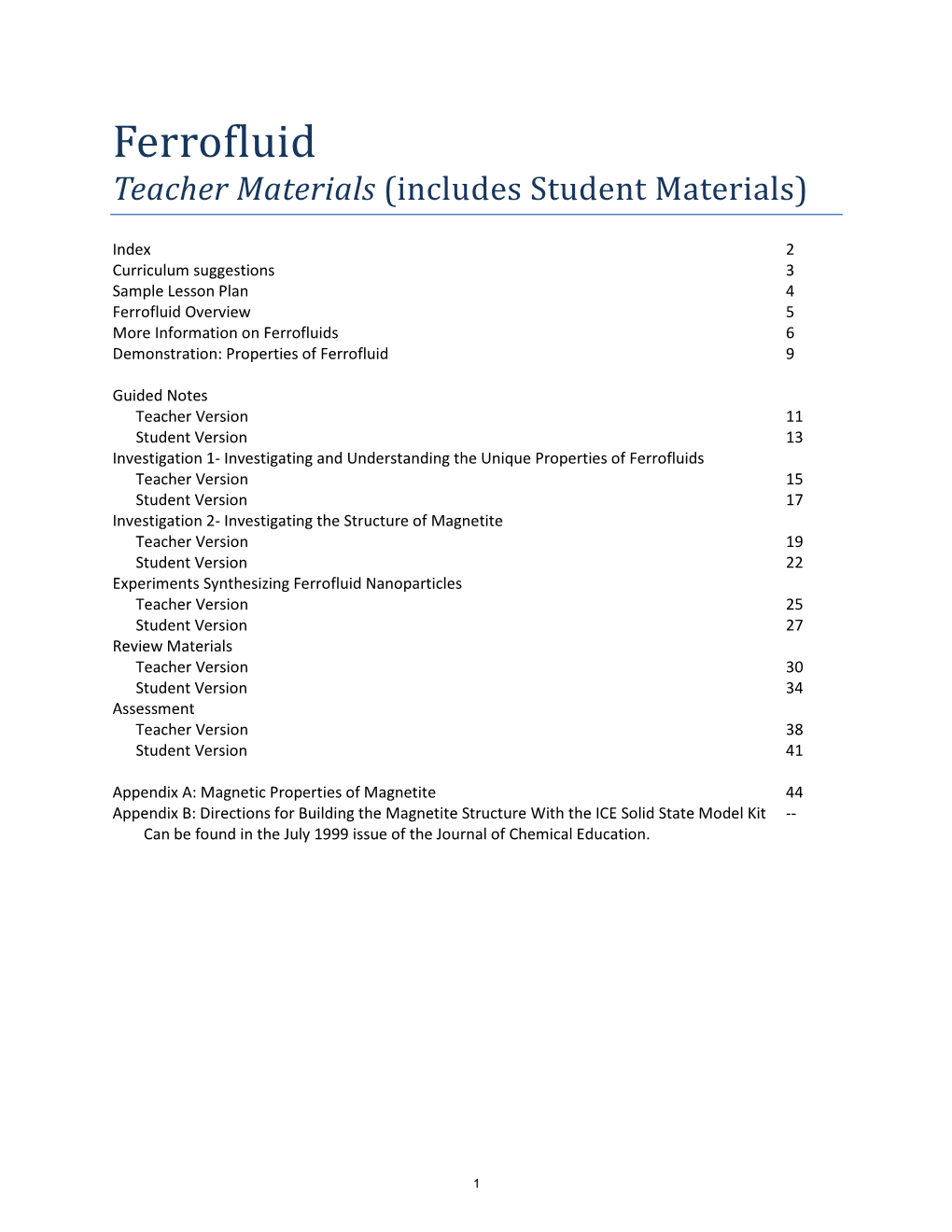 Ferrofluid Teacher Materials (Includes Student Materials)