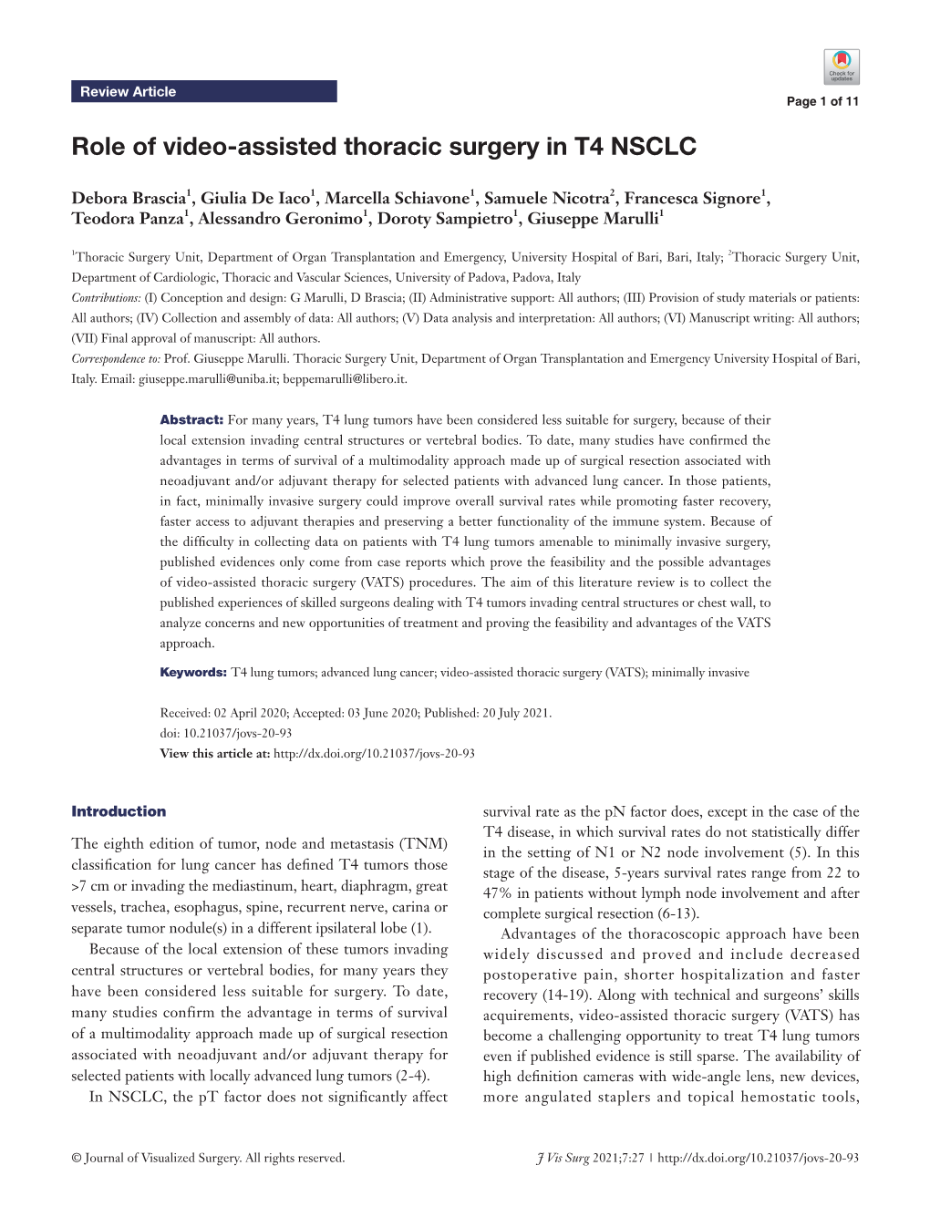 Role of Video-Assisted Thoracic Surgery in T4 NSCLC