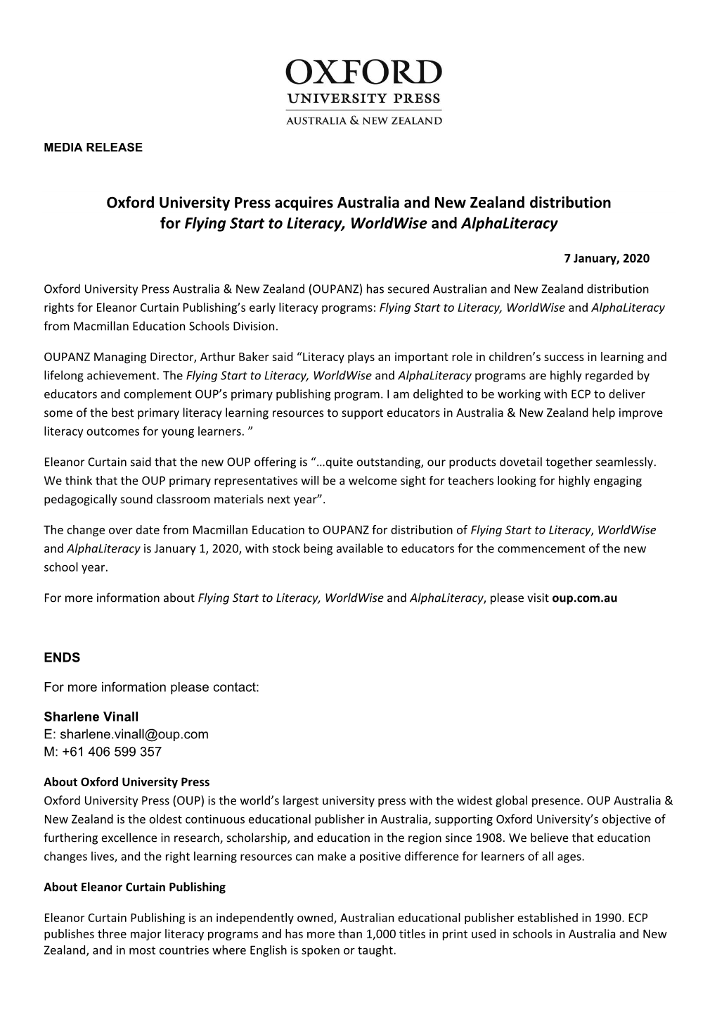 Oxford University Press Acquires Australia and New Zealand Distribution for Flying Start to Literacy, Worldwise and Alphaliteracy