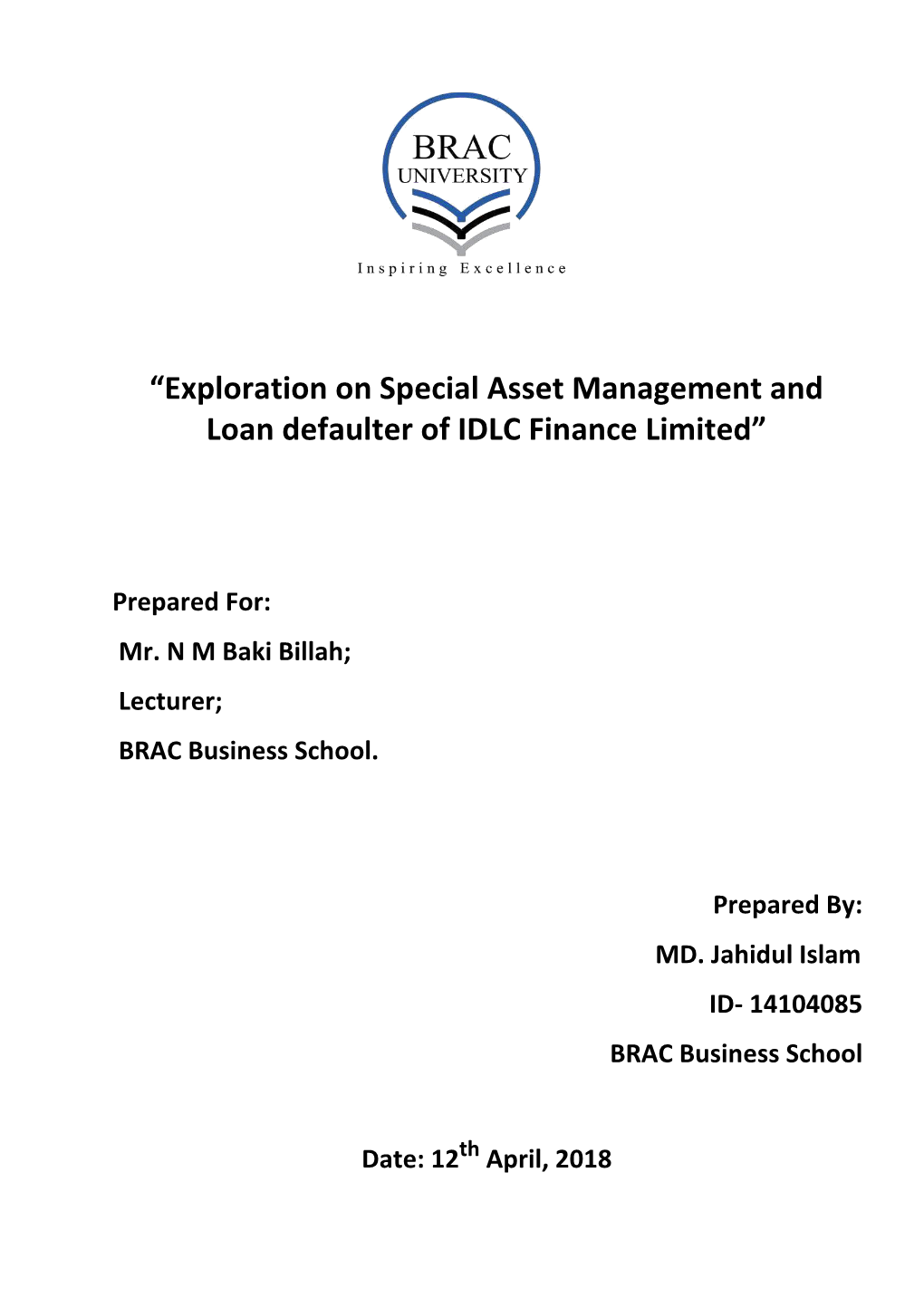 “Exploration on Special Asset Management and Loan Defaulter of IDLC Finance Limited”