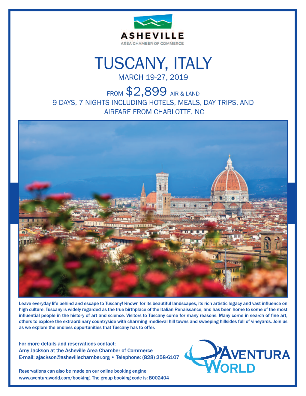 Tuscany, Italy March 19-27, 2019 from $2,899 Air & Land 9 Days, 7 Nights Including Hotels, Meals, Day Trips, and Airfare from Charlotte, Nc