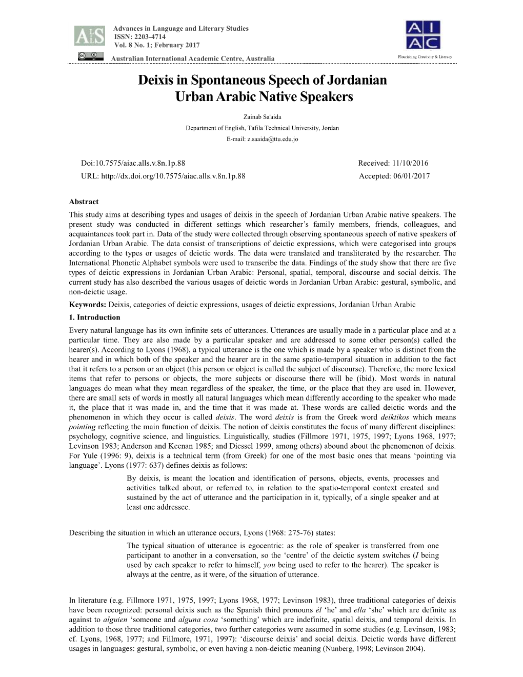 Deixis in Spontaneous Speech of Jordanian Urban Arabic Native Speakers