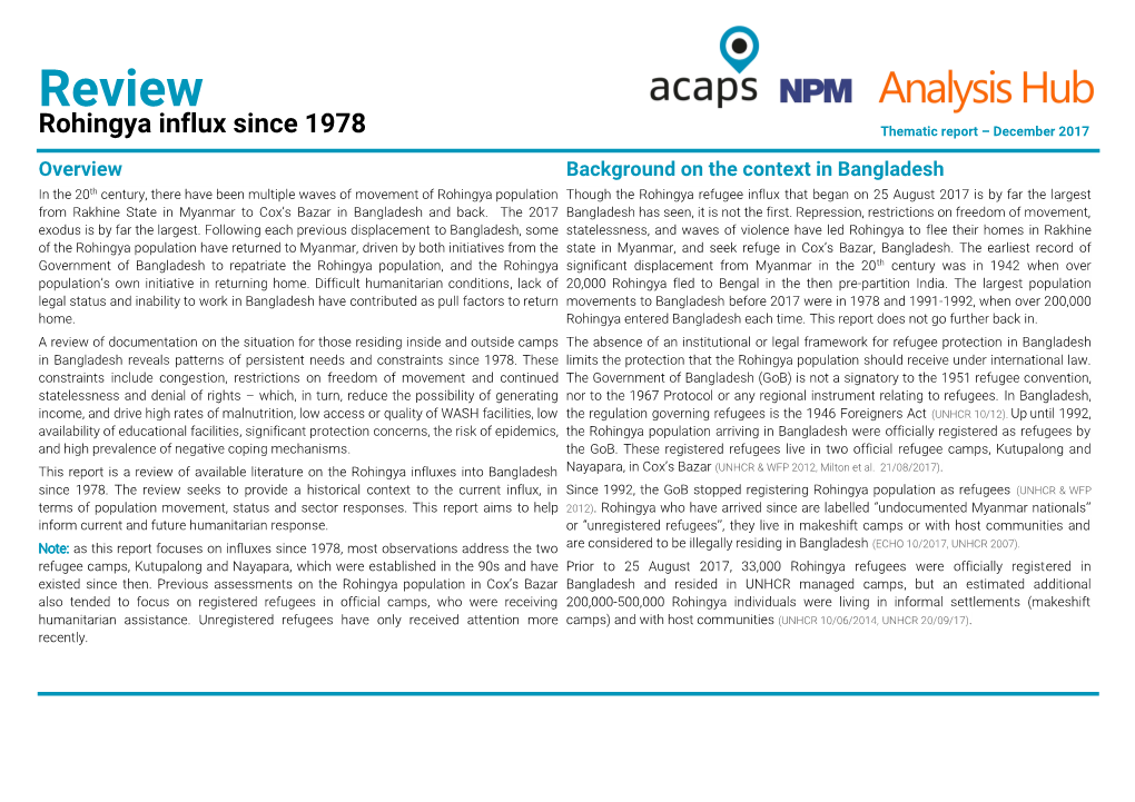 Review Rohingya Influx Since 1978 Thematic Report – December 2017