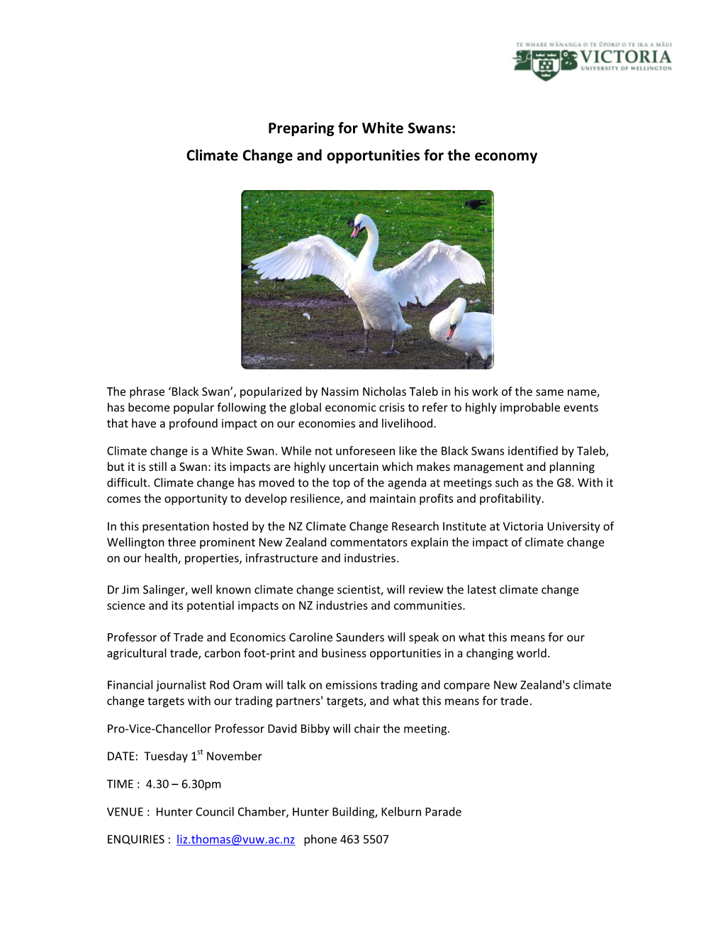 Preparing for White Swans: Climate Change and Opportunities for the Economy