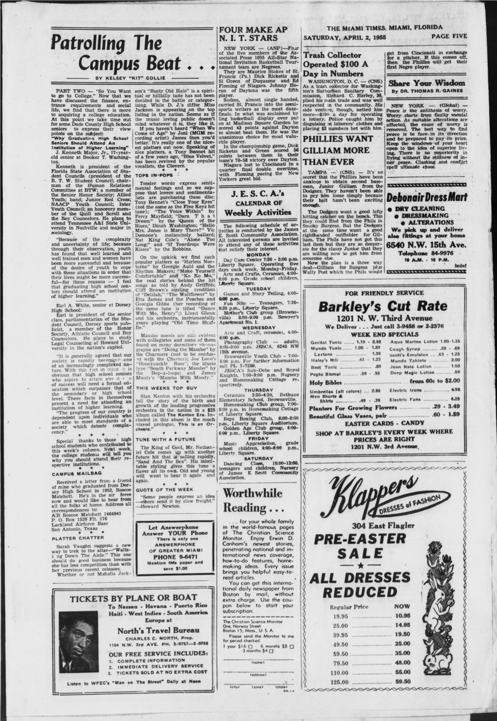 Patrolling Exchange of the Five Members of the As- Get from Cincinnati in Sociated Press 1955 All-Star Na- Trash Collector for a Pitcher