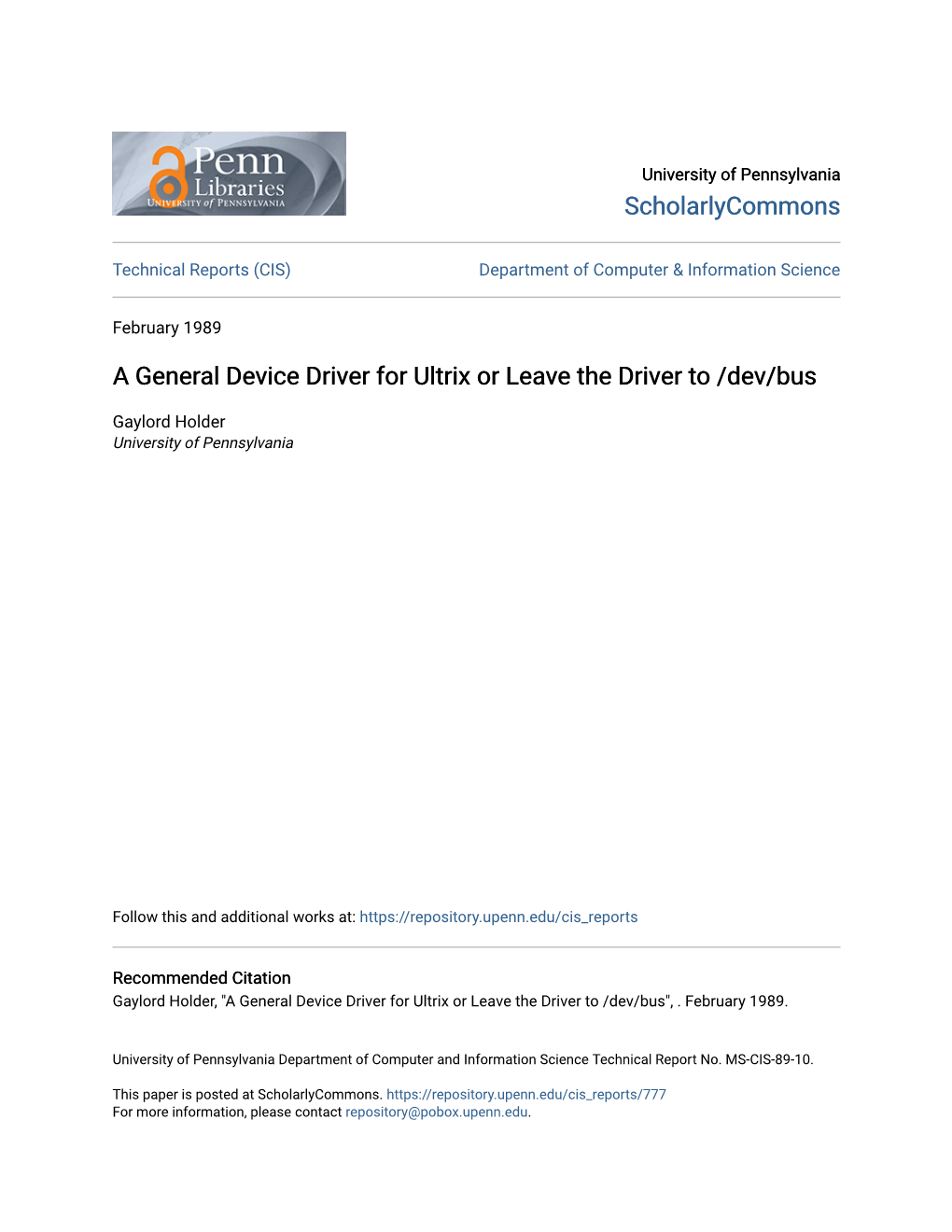 A General Device Driver for Ultrix Or Leave the Driver to /Dev/Bus