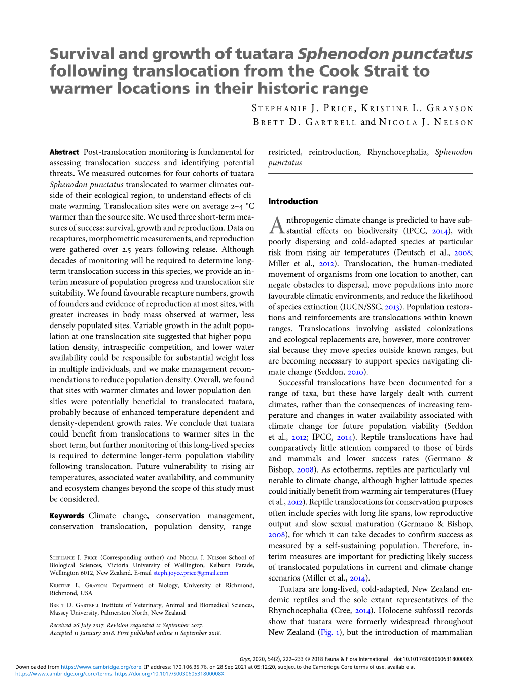 Survival and Growth of Tuatara Sphenodon Punctatus Following Translocation from the Cook Strait to Warmer Locations in Their Historic Range