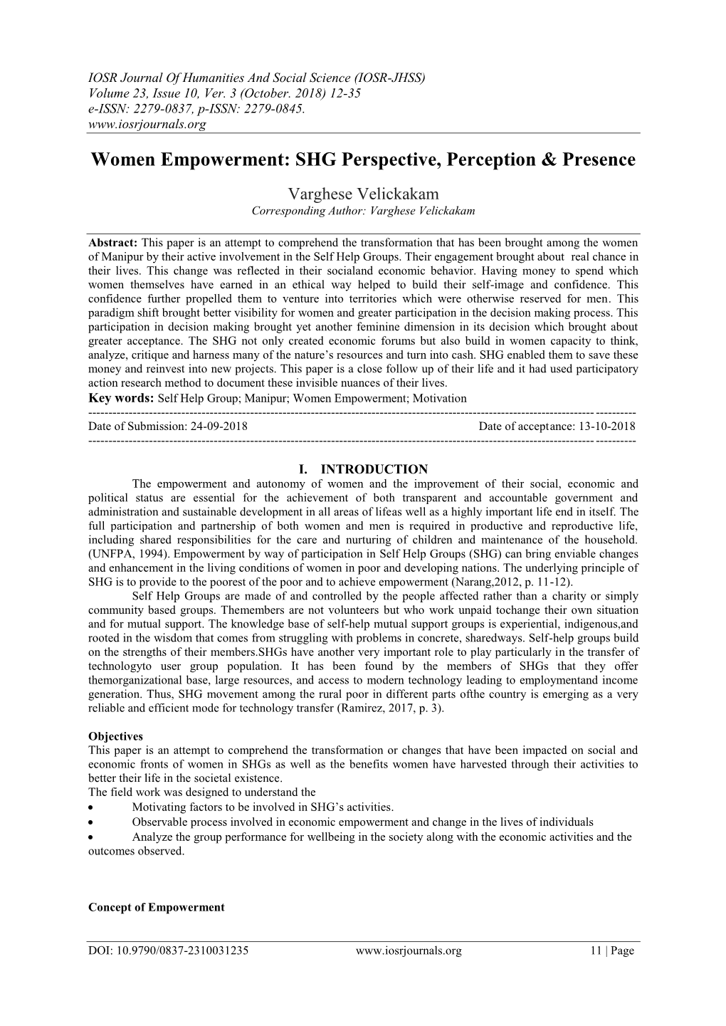 Women Empowerment: SHG Perspective, Perception & Presence