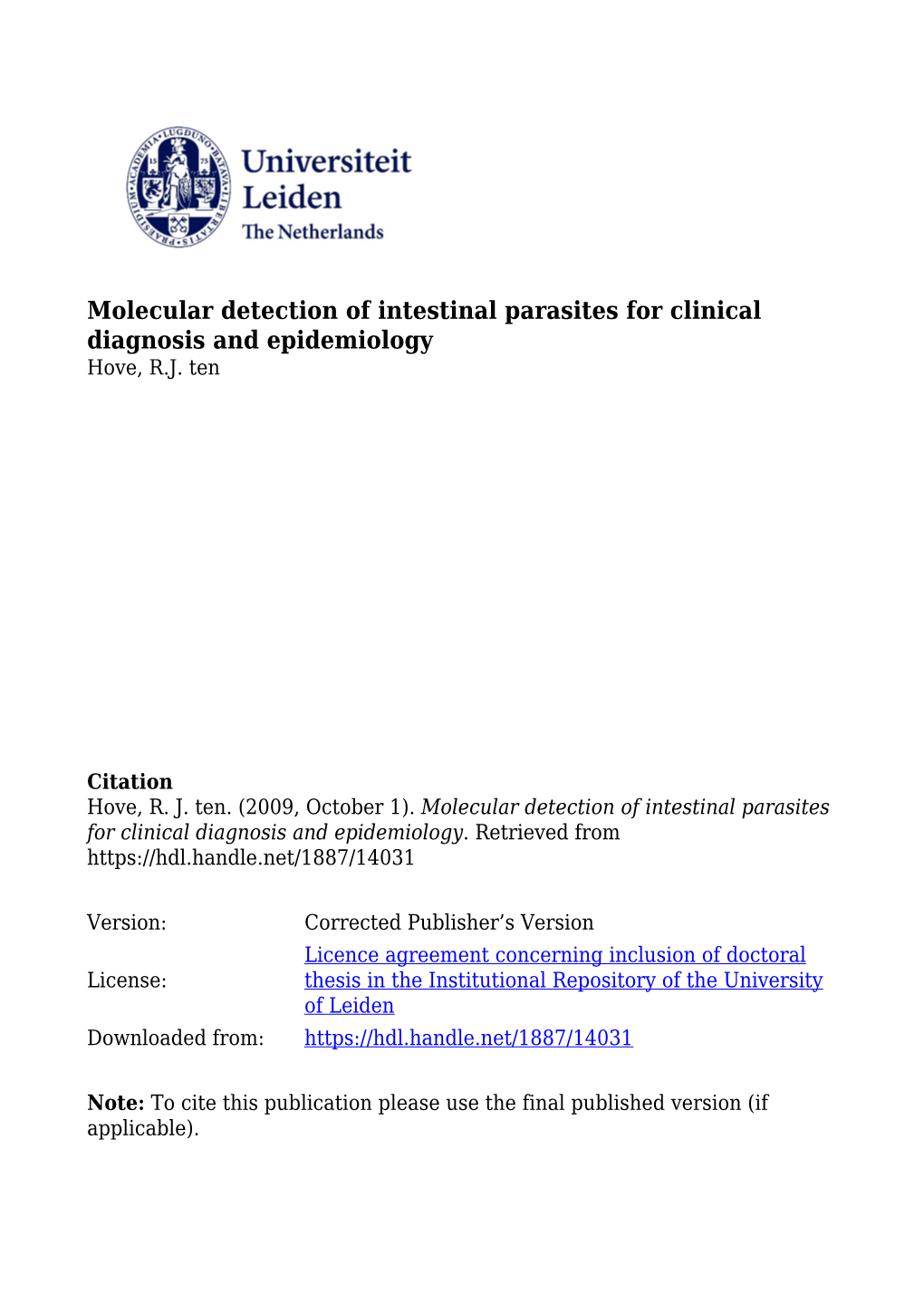 Molecular Detection of Intestinal Parasites for Clinical Diagnosis and Epidemiology Hove, R.J