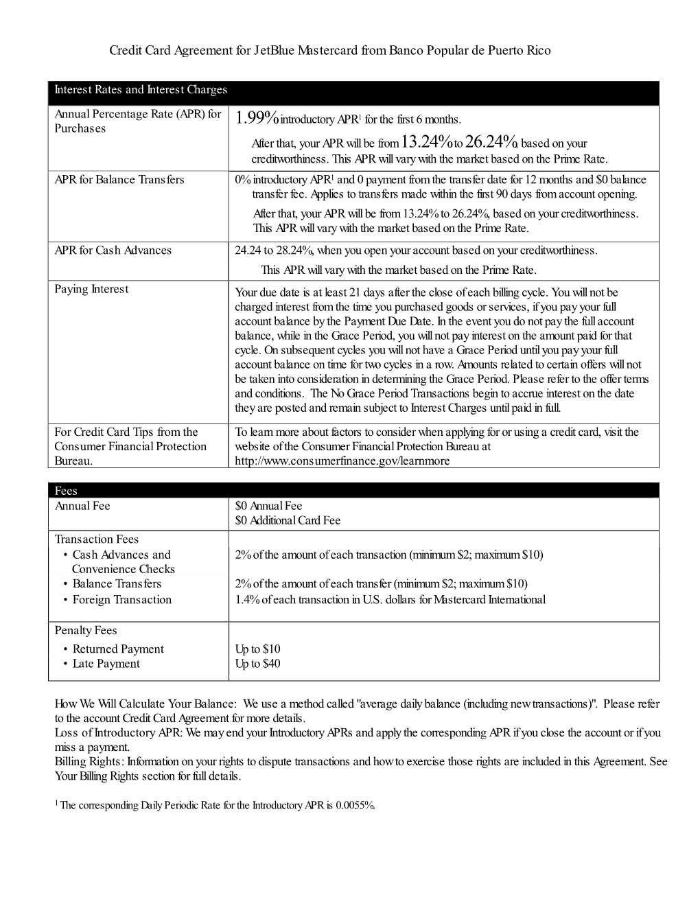 Credit Card Agreement for Jetblue Mastercard from Banco Popular De Puerto Rico