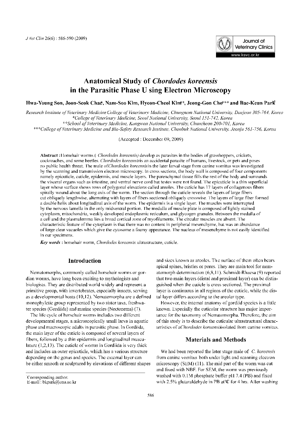 Anatomical Study of Chordodes Koreensis in the Parasitic Phase Using Electron Microscopy