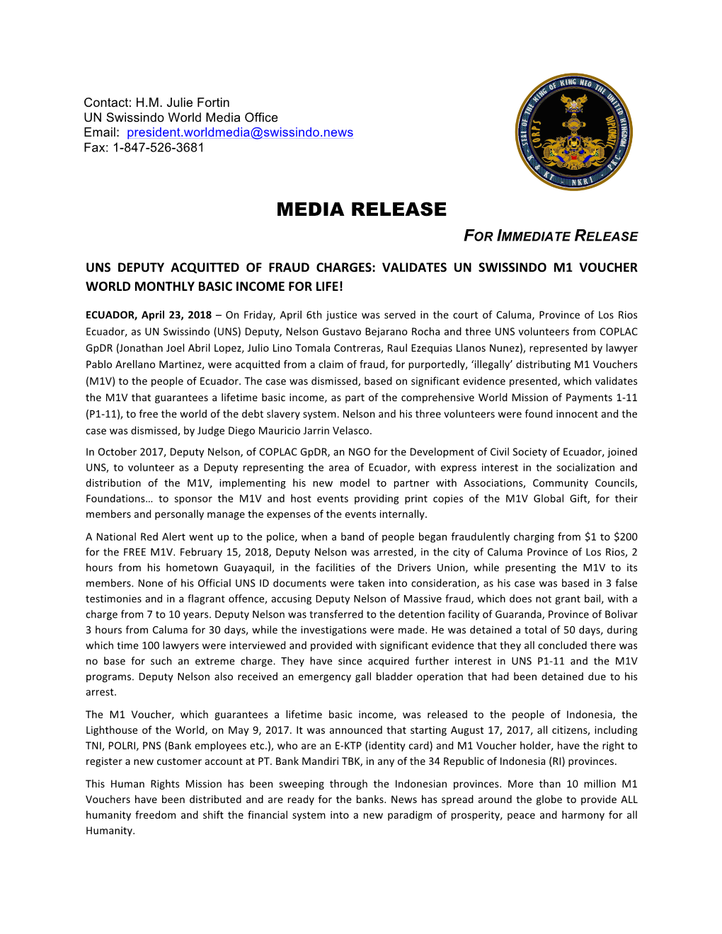 Media Release for Immediate Release