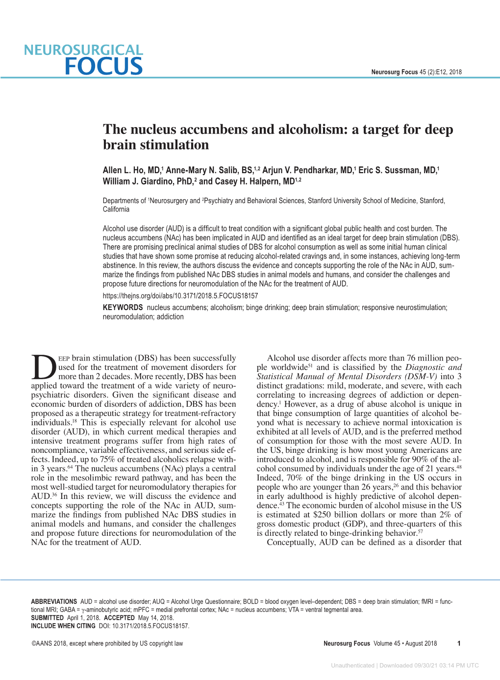 The Nucleus Accumbens and Alcoholism: a Target for Deep Brain Stimulation