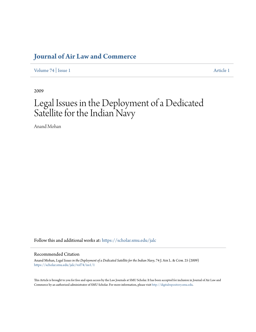 Legal Issues in the Deployment of a Dedicated Satellite for the Indian Navy Anand Mohan