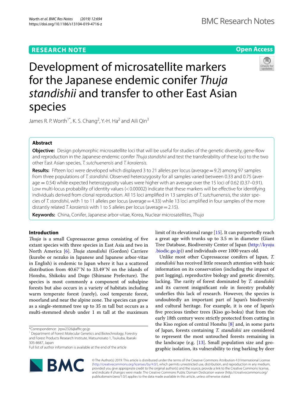 Development of Microsatellite Markers for the Japanese Endemic Conifer Thuja Standishii and Transfer to Other East Asian Species James R