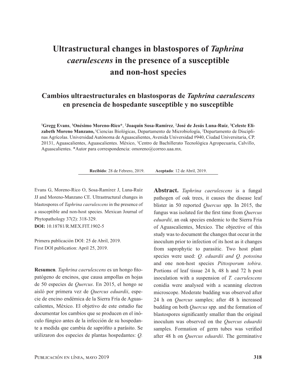 Ultrastructural Changes in Blastospores of Taphrina Caerulescens in the Presence of a Susceptible and Non-Host Species