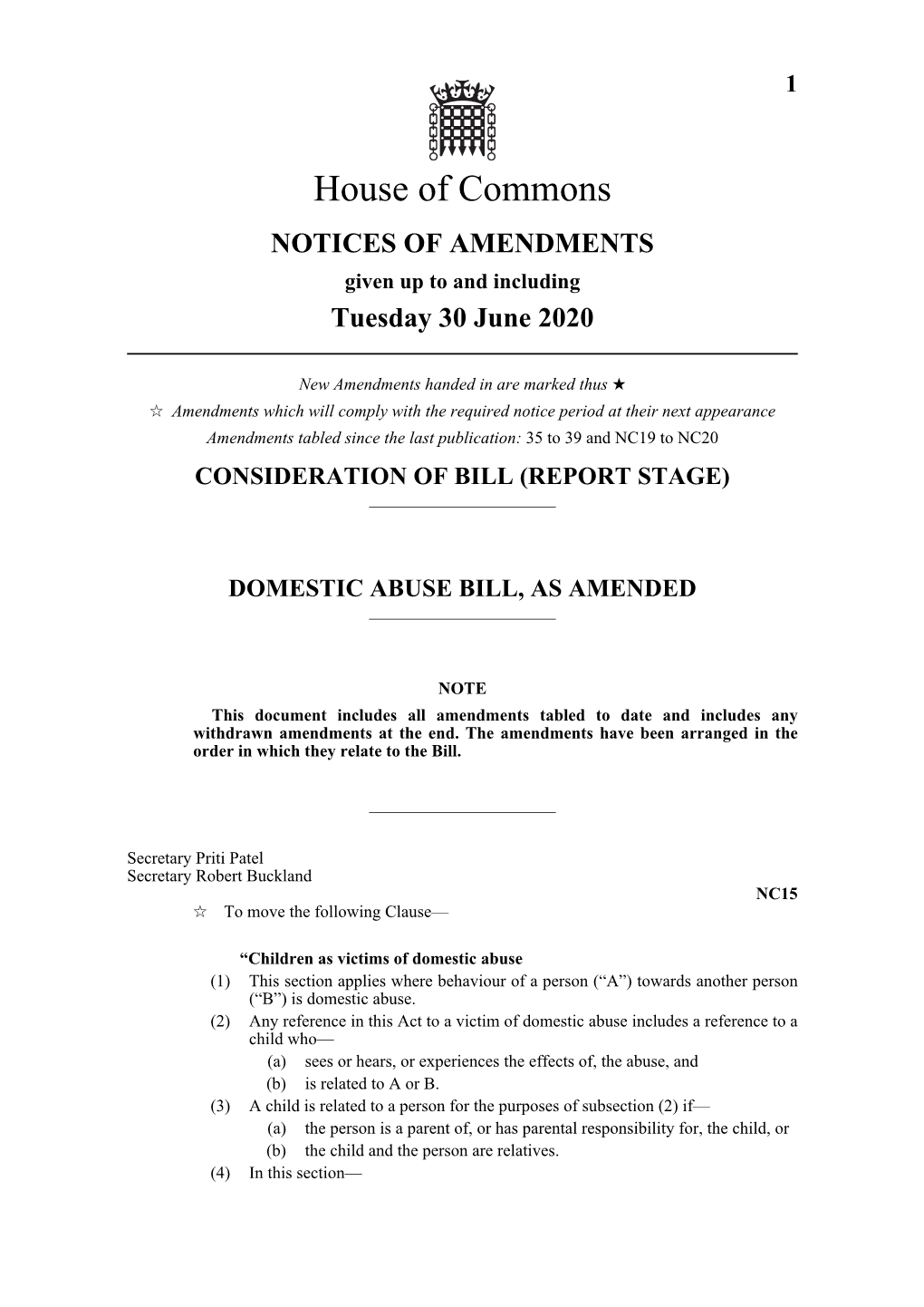 House of Commons NOTICES of AMENDMENTS Given up to and Including Tuesday 30 June 2020