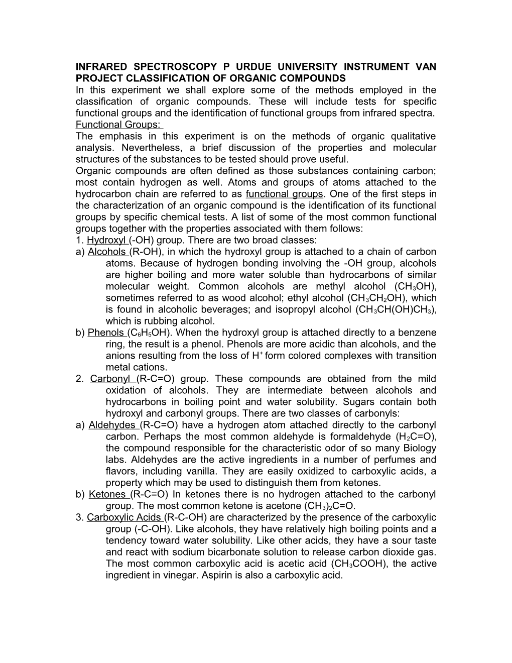 Infrared Spectroscopy P Urdue University Instrument Van Project Classification of Organic