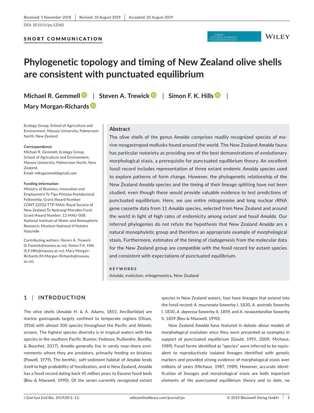 Phylogenetic Topology and Timing of New Zealand Olive Shells Are Consistent with Punctuated Equilibrium