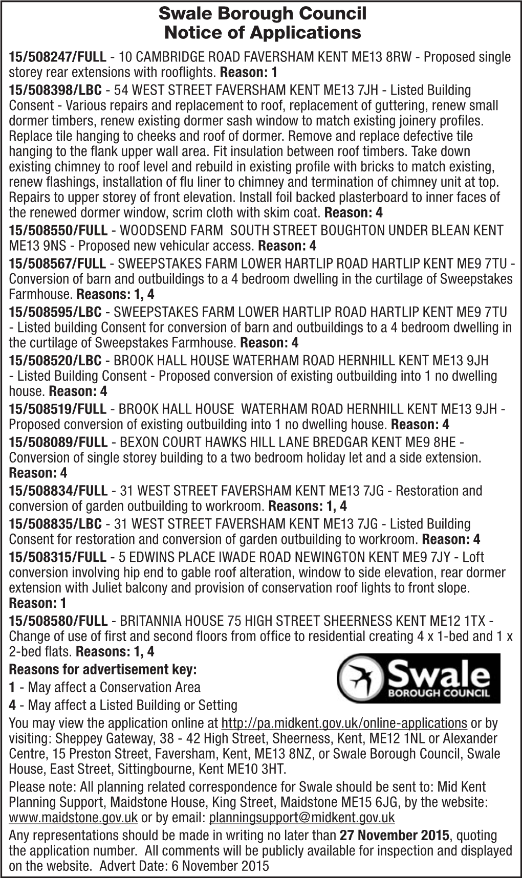 Swale Borough Council Notice of Applications