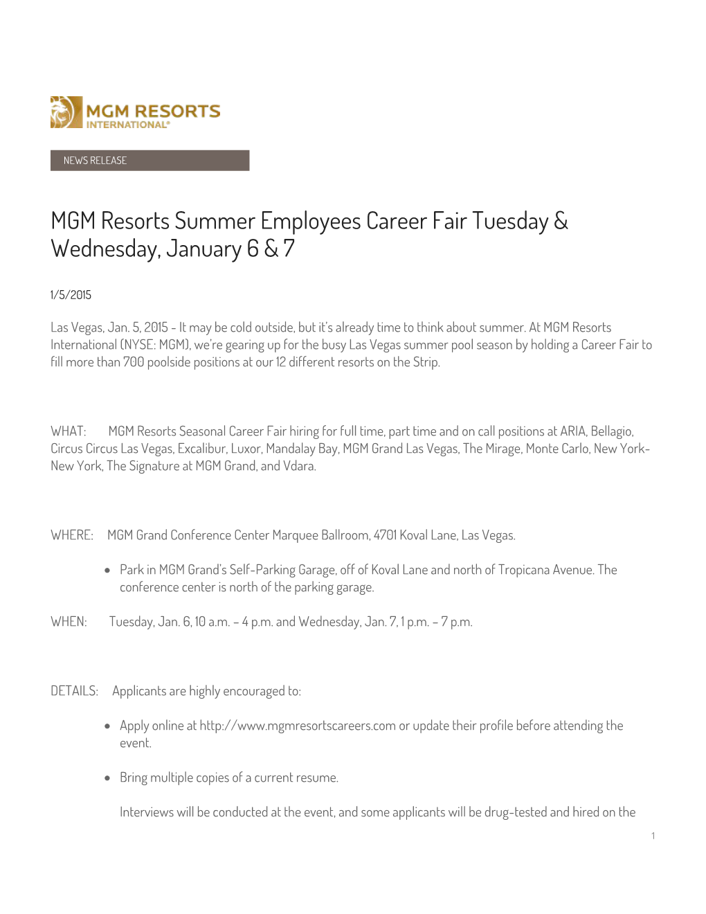 MGM Resorts Summer Employees Career Fair Tuesday & Wednesday