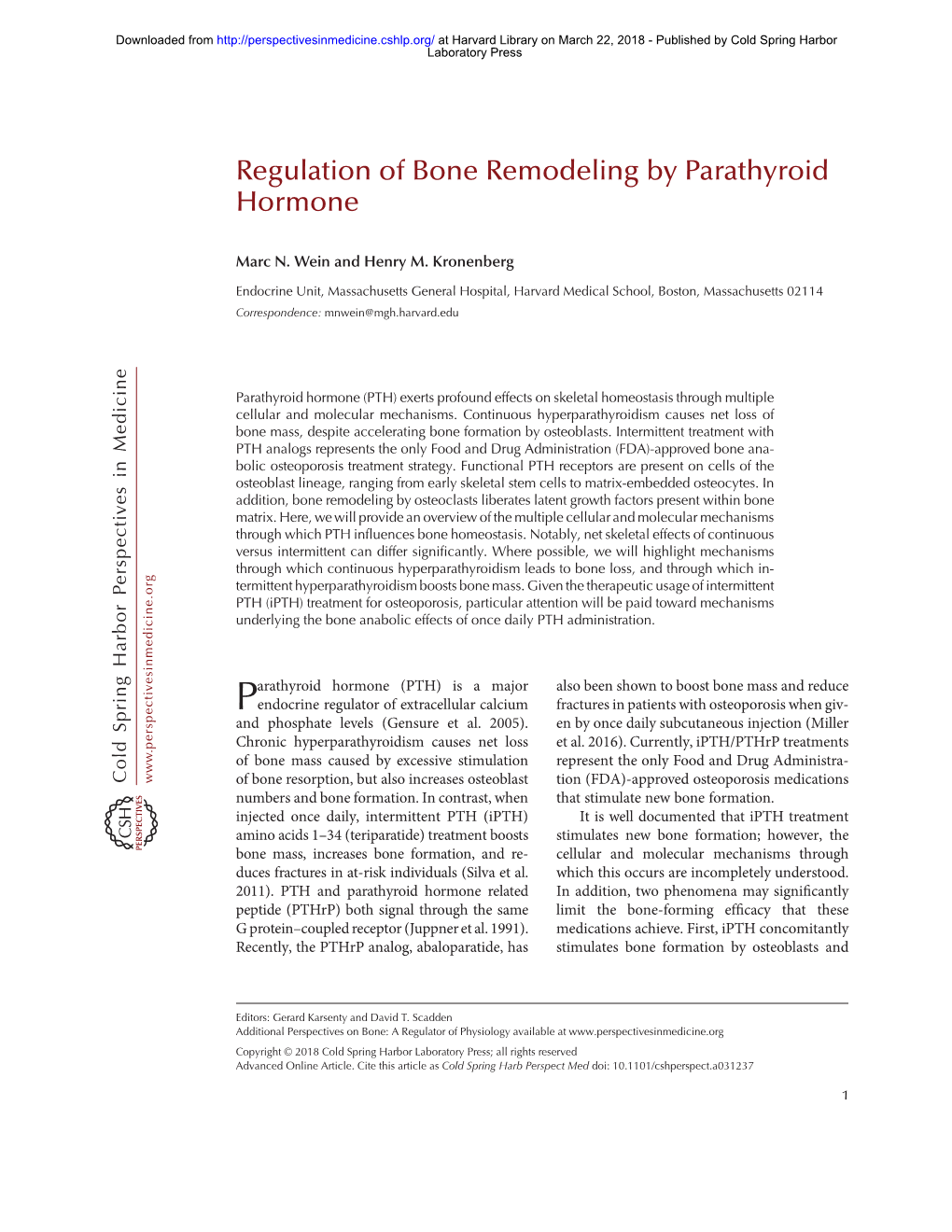 Regulation of Bone Remodeling by Parathyroid Hormone