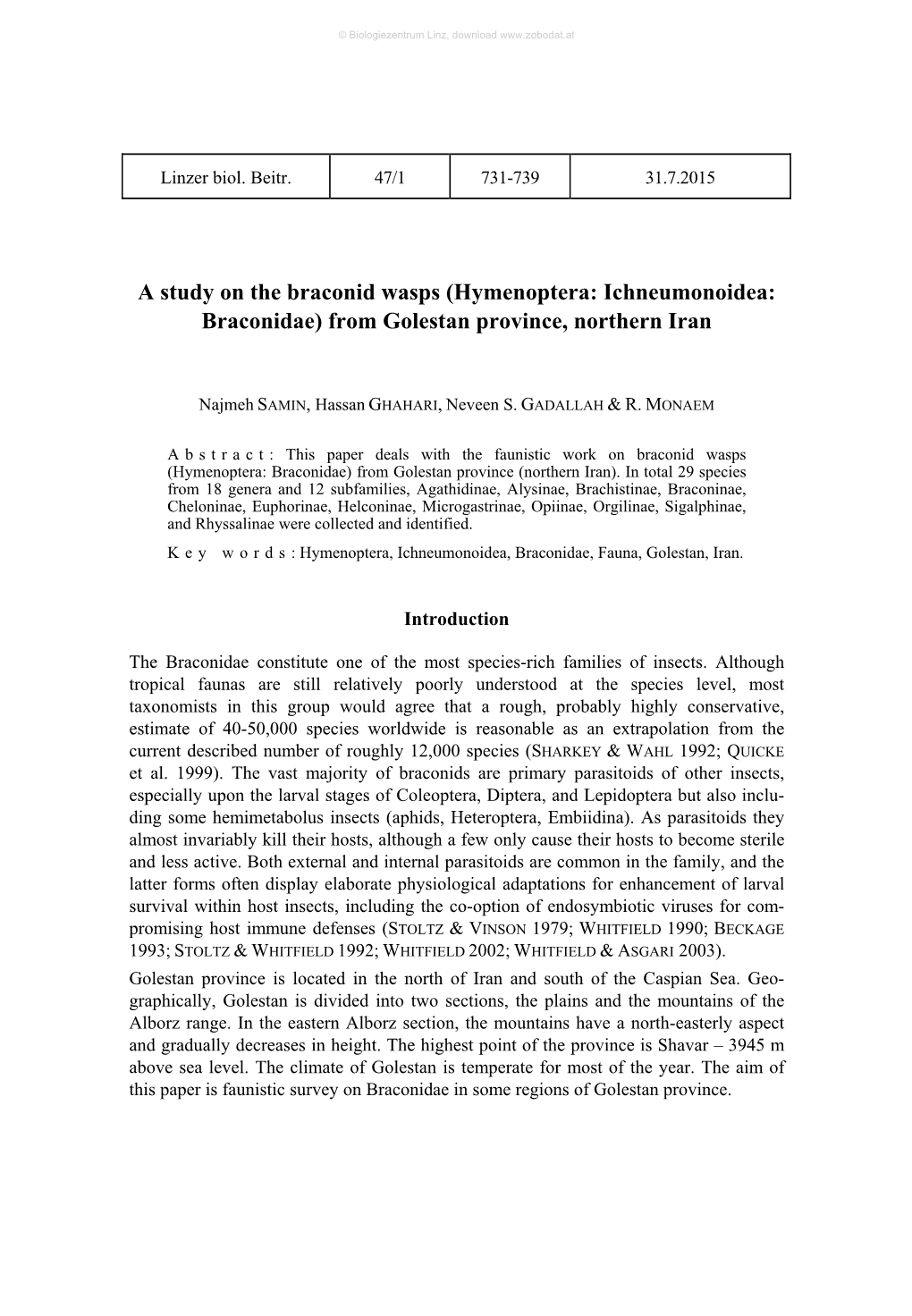 A Study on the Braconid Wasps (Hymenoptera: Ichneumonoidea: Braconidae) from Golestan Province, Northern Iran